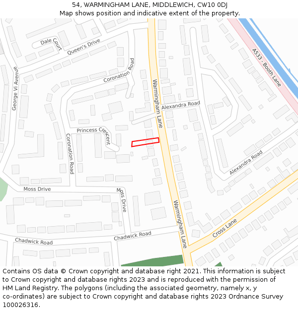54, WARMINGHAM LANE, MIDDLEWICH, CW10 0DJ: Location map and indicative extent of plot