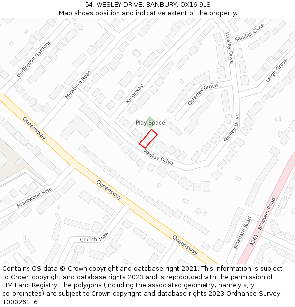54, WESLEY DRIVE, BANBURY, OX16 9LS: Location map and indicative extent of plot