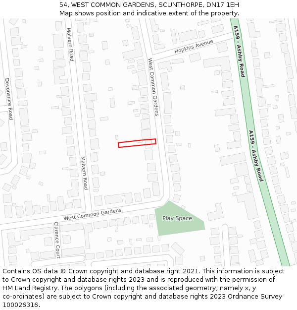 54, WEST COMMON GARDENS, SCUNTHORPE, DN17 1EH: Location map and indicative extent of plot