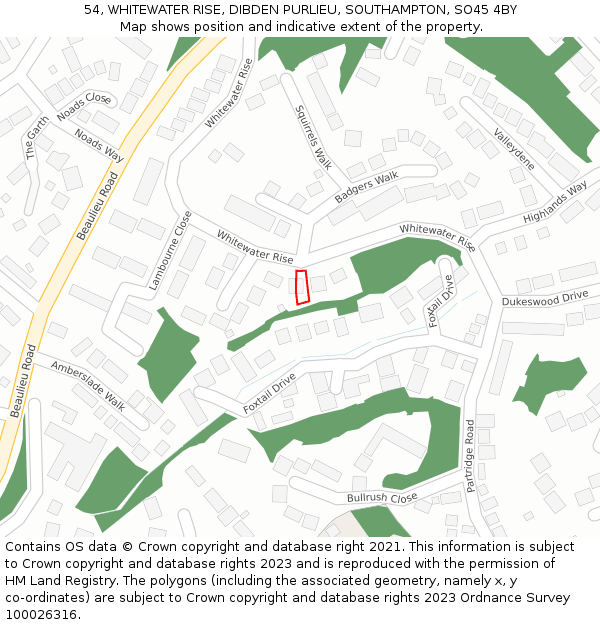 54, WHITEWATER RISE, DIBDEN PURLIEU, SOUTHAMPTON, SO45 4BY: Location map and indicative extent of plot