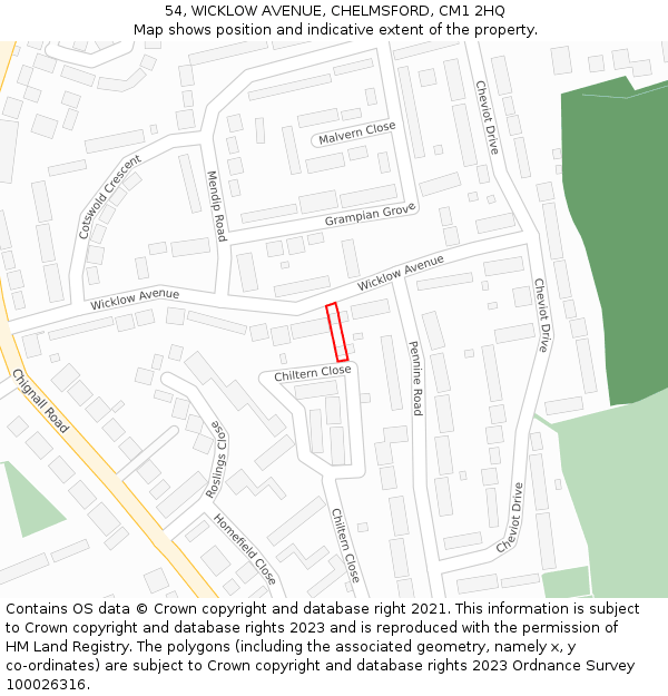 54, WICKLOW AVENUE, CHELMSFORD, CM1 2HQ: Location map and indicative extent of plot