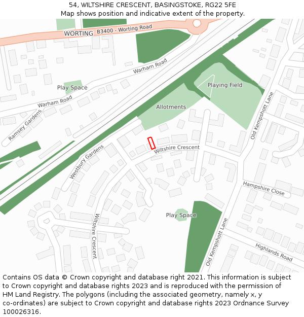 54, WILTSHIRE CRESCENT, BASINGSTOKE, RG22 5FE: Location map and indicative extent of plot