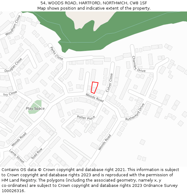 54, WOODS ROAD, HARTFORD, NORTHWICH, CW8 1SF: Location map and indicative extent of plot