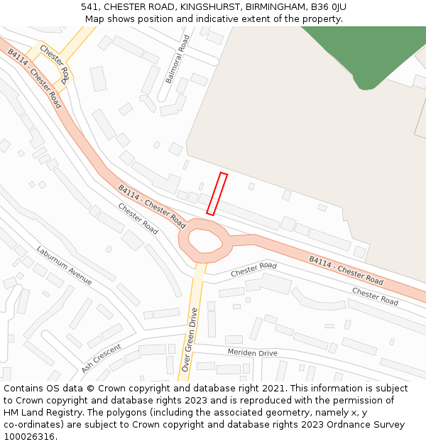 541, CHESTER ROAD, KINGSHURST, BIRMINGHAM, B36 0JU: Location map and indicative extent of plot