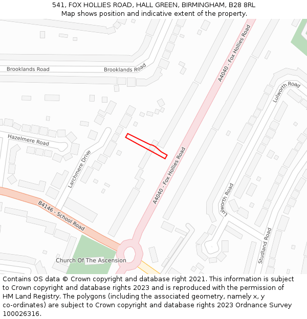 541, FOX HOLLIES ROAD, HALL GREEN, BIRMINGHAM, B28 8RL: Location map and indicative extent of plot