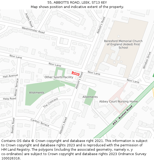 55, ABBOTTS ROAD, LEEK, ST13 6EY: Location map and indicative extent of plot