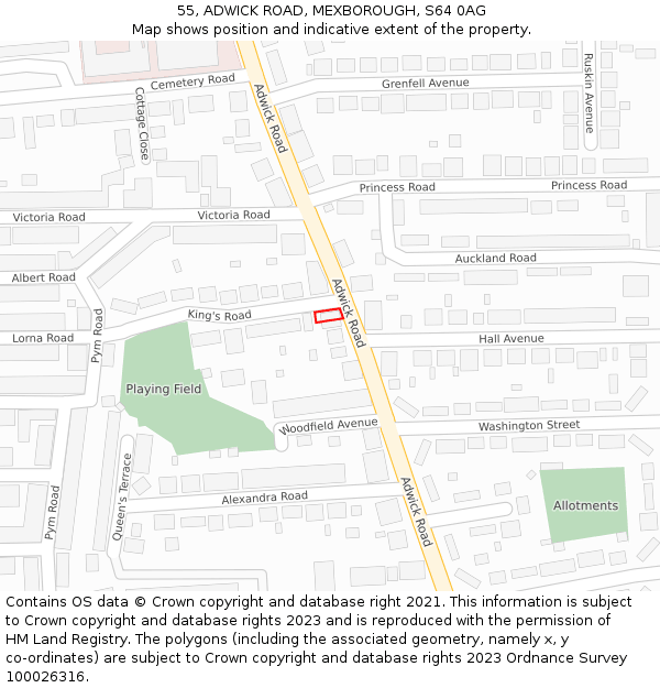 55, ADWICK ROAD, MEXBOROUGH, S64 0AG: Location map and indicative extent of plot