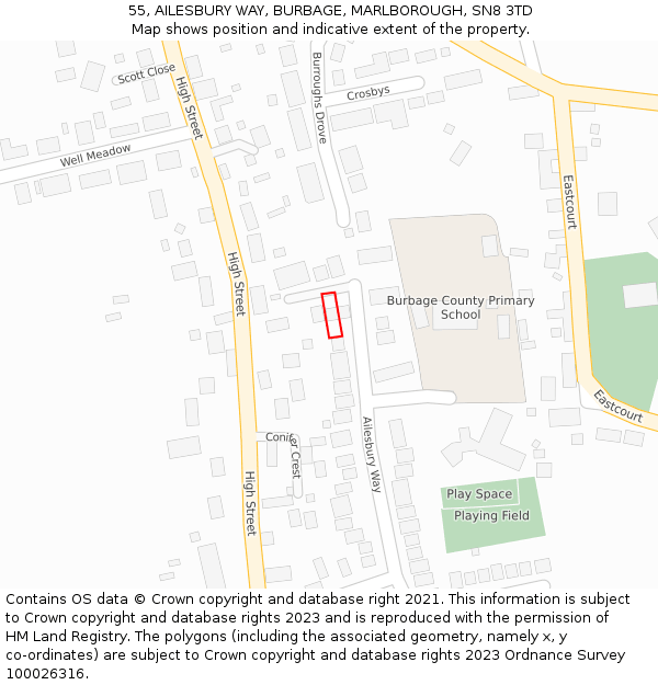 55, AILESBURY WAY, BURBAGE, MARLBOROUGH, SN8 3TD: Location map and indicative extent of plot