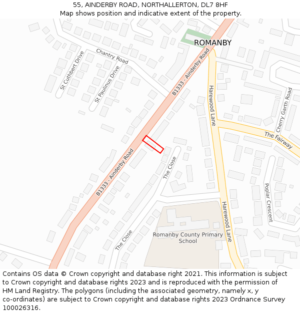 55, AINDERBY ROAD, NORTHALLERTON, DL7 8HF: Location map and indicative extent of plot