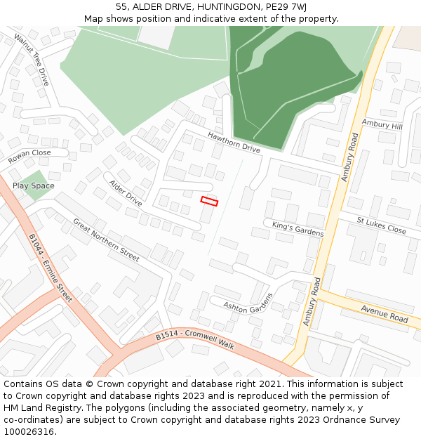 55, ALDER DRIVE, HUNTINGDON, PE29 7WJ: Location map and indicative extent of plot