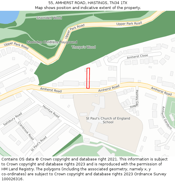 55, AMHERST ROAD, HASTINGS, TN34 1TX: Location map and indicative extent of plot
