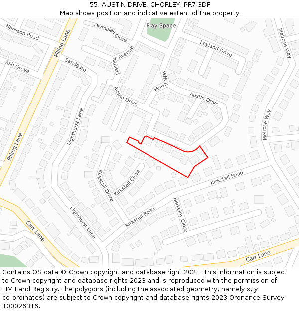55, AUSTIN DRIVE, CHORLEY, PR7 3DF: Location map and indicative extent of plot