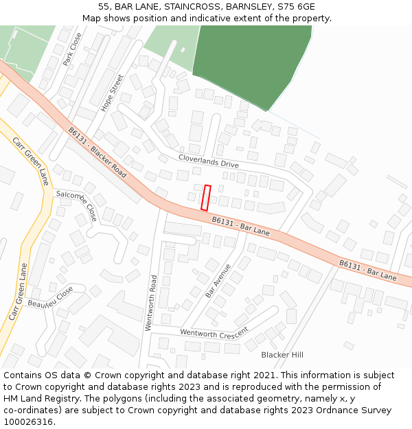 55, BAR LANE, STAINCROSS, BARNSLEY, S75 6GE: Location map and indicative extent of plot