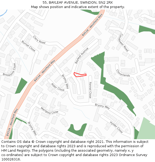 55, BAYLEAF AVENUE, SWINDON, SN2 2RX: Location map and indicative extent of plot