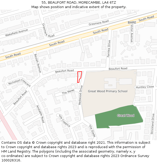 55, BEAUFORT ROAD, MORECAMBE, LA4 6TZ: Location map and indicative extent of plot
