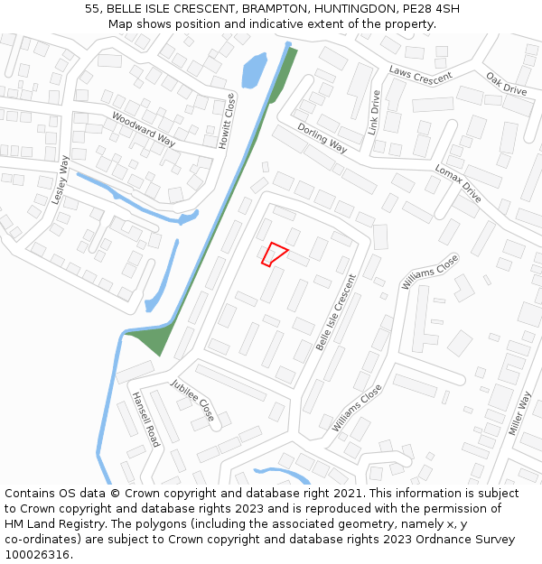 55, BELLE ISLE CRESCENT, BRAMPTON, HUNTINGDON, PE28 4SH: Location map and indicative extent of plot