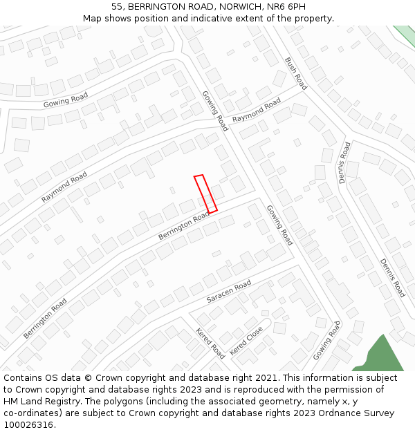 55, BERRINGTON ROAD, NORWICH, NR6 6PH: Location map and indicative extent of plot