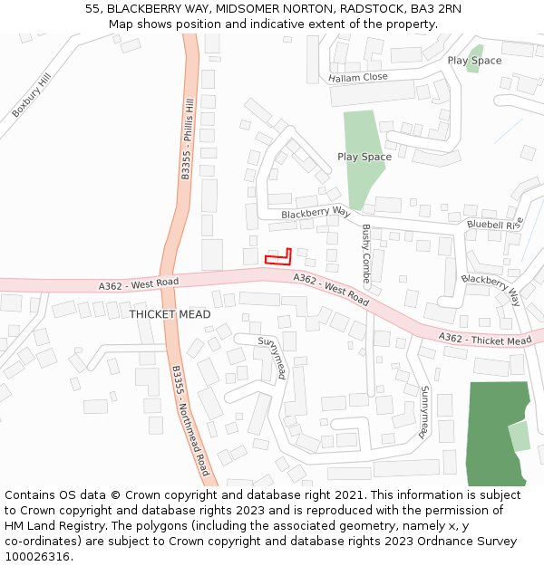 55, BLACKBERRY WAY, MIDSOMER NORTON, RADSTOCK, BA3 2RN: Location map and indicative extent of plot