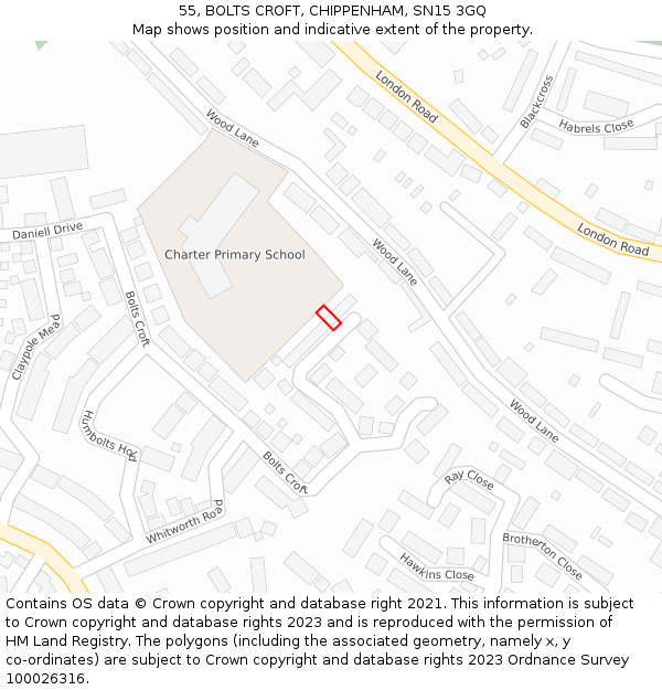 55, BOLTS CROFT, CHIPPENHAM, SN15 3GQ: Location map and indicative extent of plot