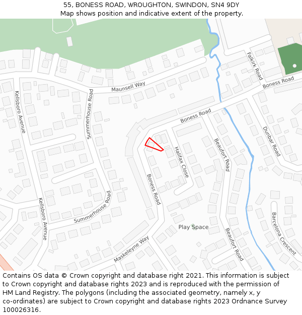 55, BONESS ROAD, WROUGHTON, SWINDON, SN4 9DY: Location map and indicative extent of plot