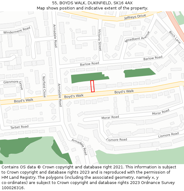 55, BOYDS WALK, DUKINFIELD, SK16 4AX: Location map and indicative extent of plot