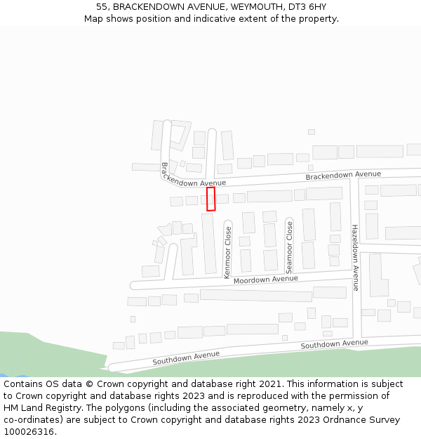 55, BRACKENDOWN AVENUE, WEYMOUTH, DT3 6HY: Location map and indicative extent of plot