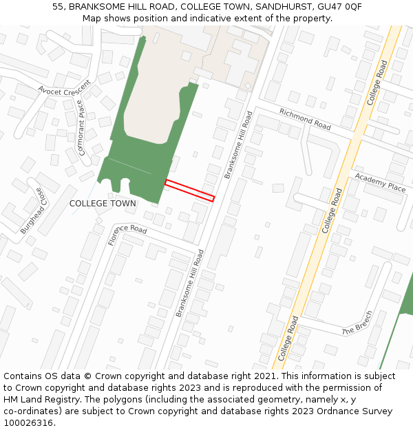 55, BRANKSOME HILL ROAD, COLLEGE TOWN, SANDHURST, GU47 0QF: Location map and indicative extent of plot