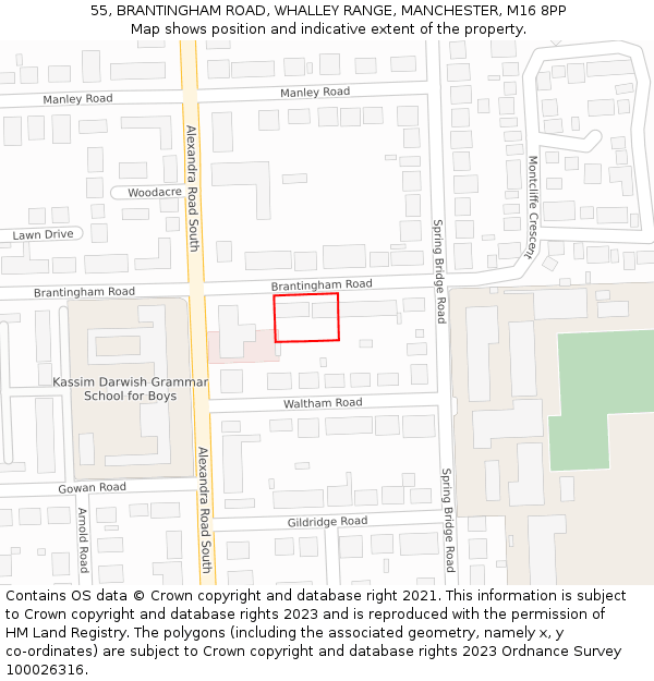 55, BRANTINGHAM ROAD, WHALLEY RANGE, MANCHESTER, M16 8PP: Location map and indicative extent of plot