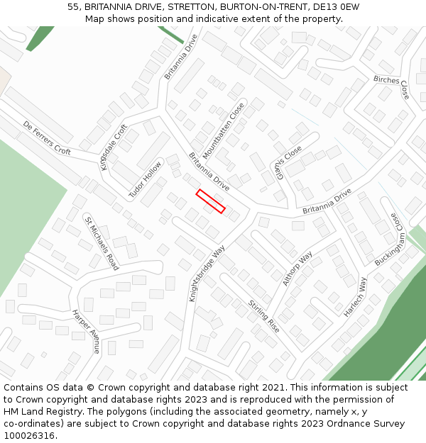 55, BRITANNIA DRIVE, STRETTON, BURTON-ON-TRENT, DE13 0EW: Location map and indicative extent of plot