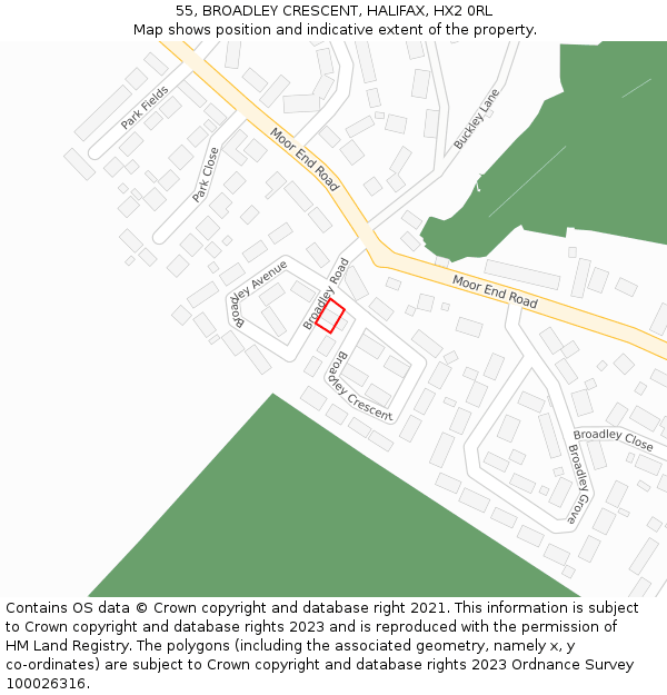 55, BROADLEY CRESCENT, HALIFAX, HX2 0RL: Location map and indicative extent of plot