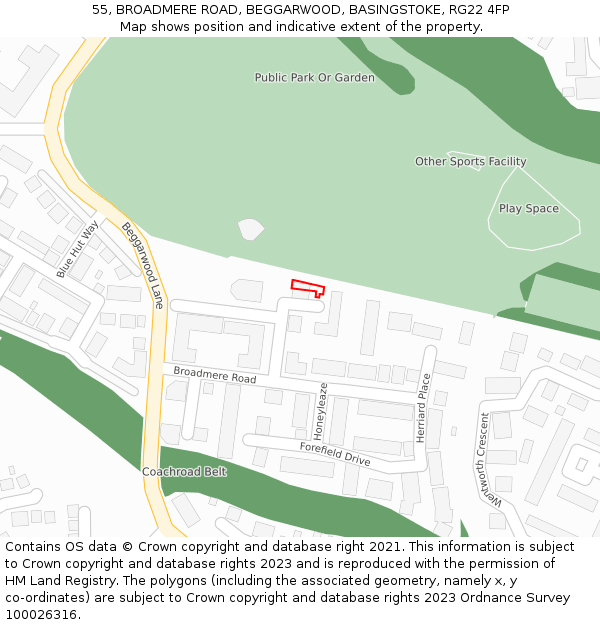 55, BROADMERE ROAD, BEGGARWOOD, BASINGSTOKE, RG22 4FP: Location map and indicative extent of plot
