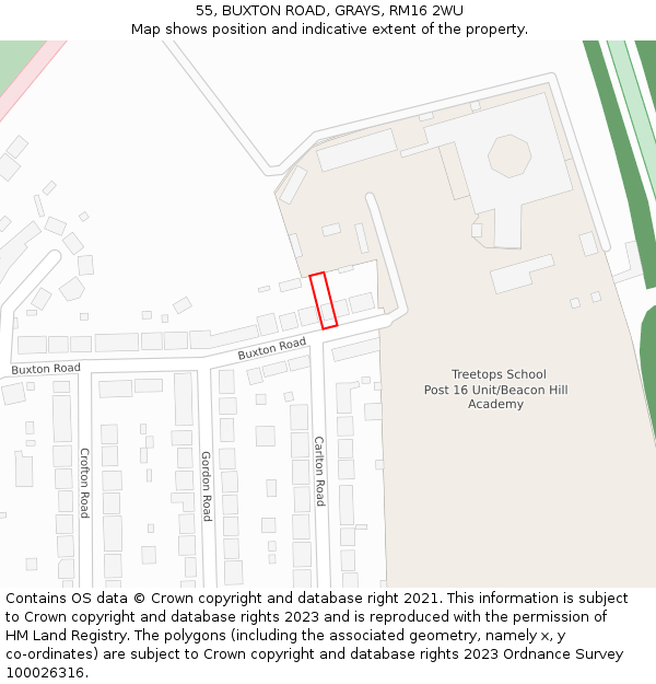 55, BUXTON ROAD, GRAYS, RM16 2WU: Location map and indicative extent of plot