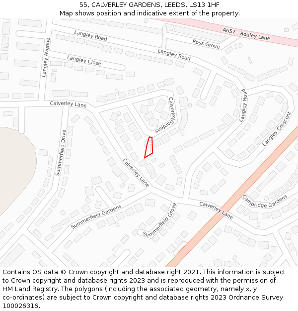 55, CALVERLEY GARDENS, LEEDS, LS13 1HF: Location map and indicative extent of plot