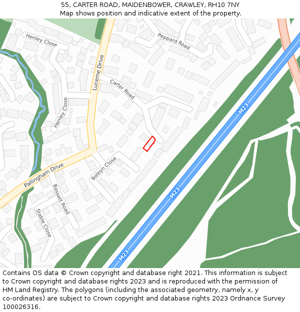 55, CARTER ROAD, MAIDENBOWER, CRAWLEY, RH10 7NY: Location map and indicative extent of plot