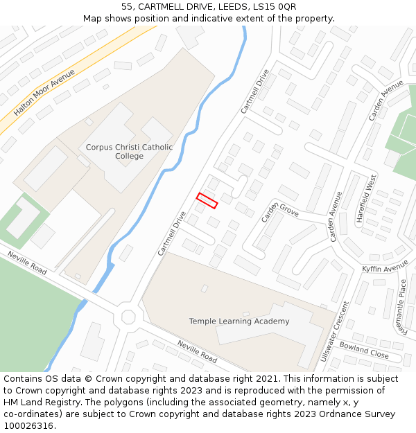 55, CARTMELL DRIVE, LEEDS, LS15 0QR: Location map and indicative extent of plot