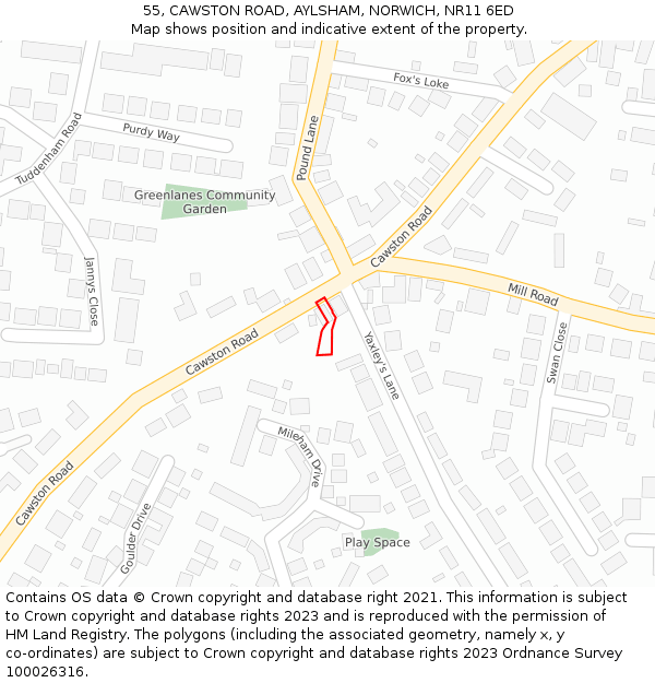55, CAWSTON ROAD, AYLSHAM, NORWICH, NR11 6ED: Location map and indicative extent of plot