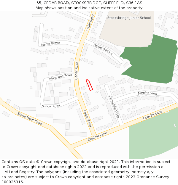 55, CEDAR ROAD, STOCKSBRIDGE, SHEFFIELD, S36 1AS: Location map and indicative extent of plot