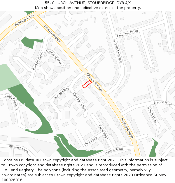55, CHURCH AVENUE, STOURBRIDGE, DY8 4JX: Location map and indicative extent of plot