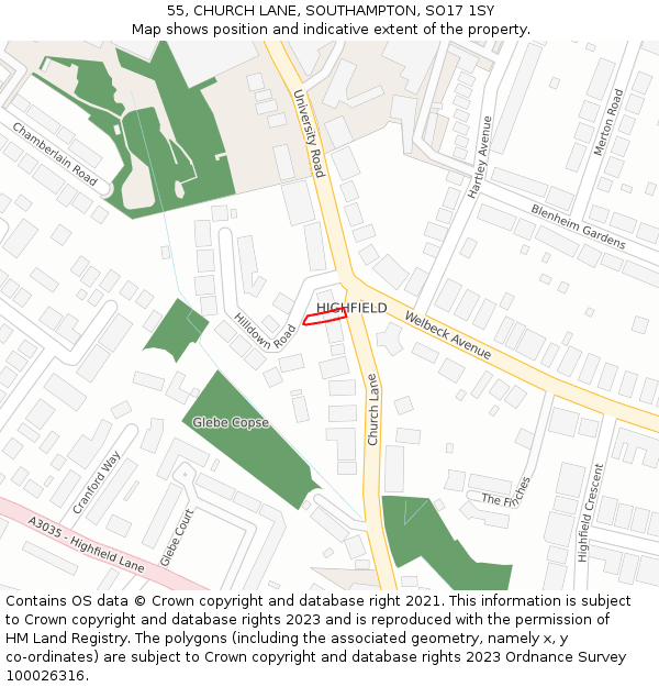 55, CHURCH LANE, SOUTHAMPTON, SO17 1SY: Location map and indicative extent of plot