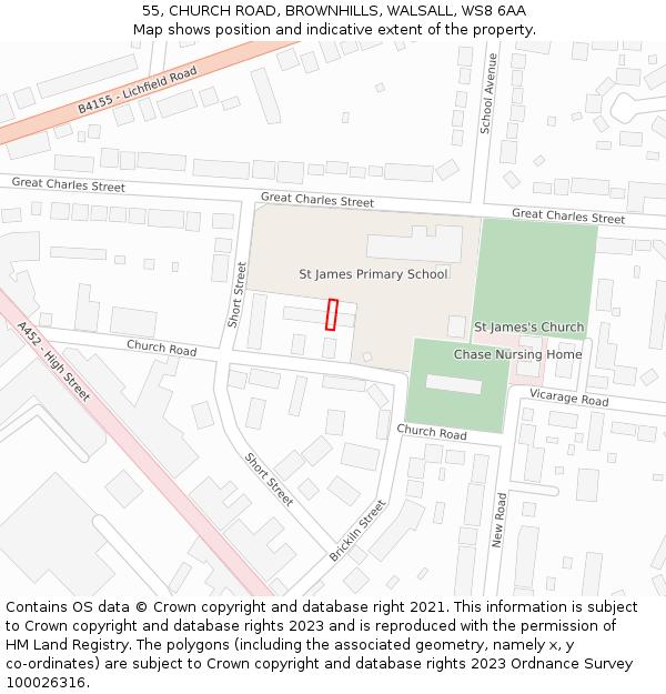 55, CHURCH ROAD, BROWNHILLS, WALSALL, WS8 6AA: Location map and indicative extent of plot
