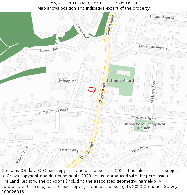 55, CHURCH ROAD, EASTLEIGH, SO50 6DN: Location map and indicative extent of plot