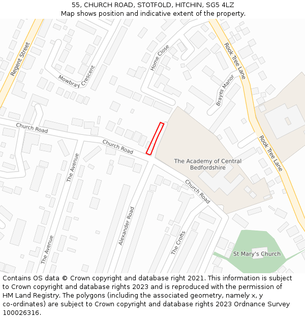 55, CHURCH ROAD, STOTFOLD, HITCHIN, SG5 4LZ: Location map and indicative extent of plot