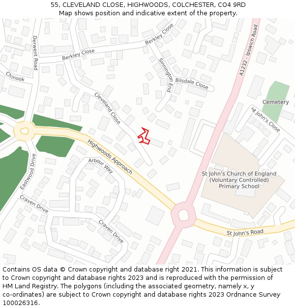 55, CLEVELAND CLOSE, HIGHWOODS, COLCHESTER, CO4 9RD: Location map and indicative extent of plot