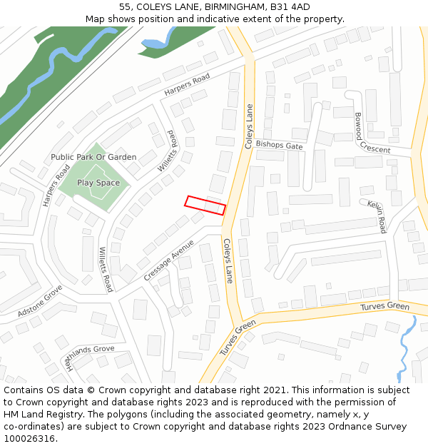 55, COLEYS LANE, BIRMINGHAM, B31 4AD: Location map and indicative extent of plot