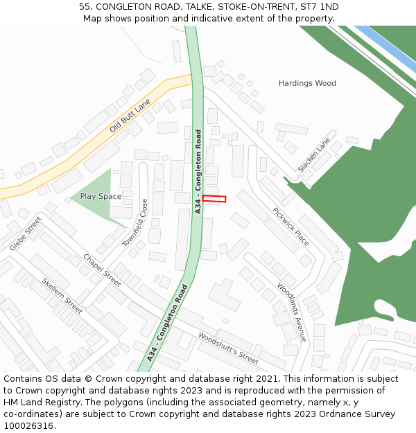 55, CONGLETON ROAD, TALKE, STOKE-ON-TRENT, ST7 1ND: Location map and indicative extent of plot