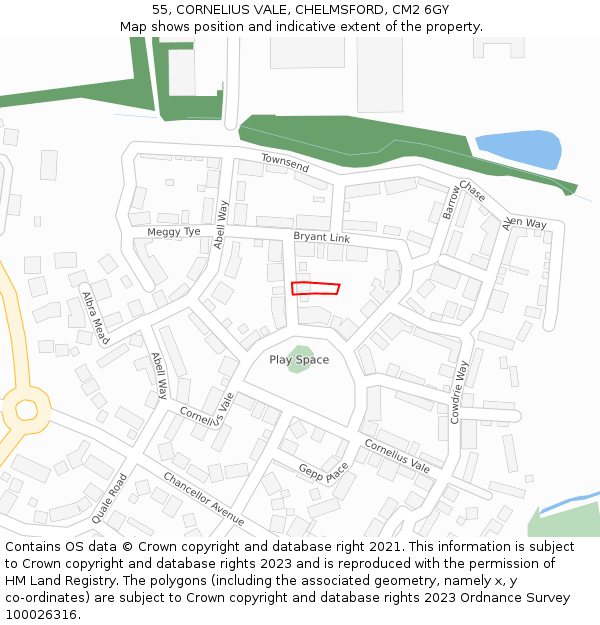 55, CORNELIUS VALE, CHELMSFORD, CM2 6GY: Location map and indicative extent of plot