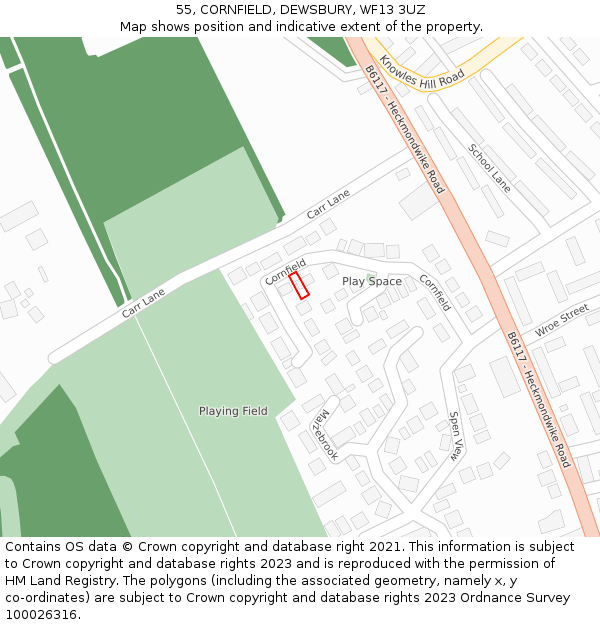 55, CORNFIELD, DEWSBURY, WF13 3UZ: Location map and indicative extent of plot