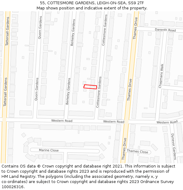 55, COTTESMORE GARDENS, LEIGH-ON-SEA, SS9 2TF: Location map and indicative extent of plot