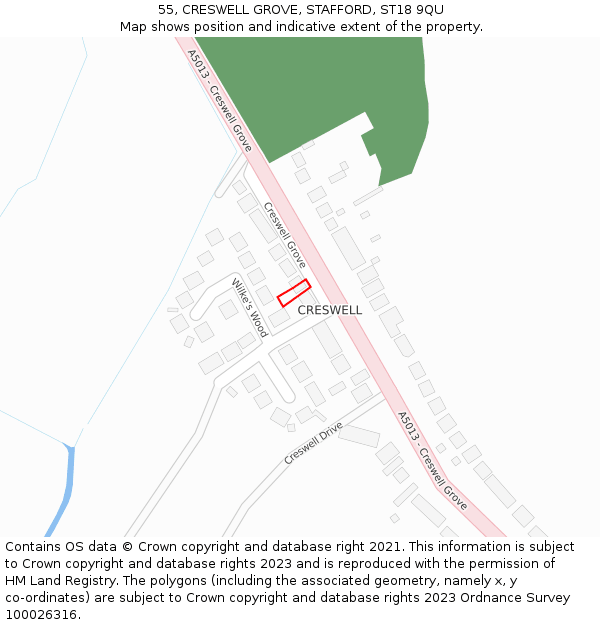 55, CRESWELL GROVE, STAFFORD, ST18 9QU: Location map and indicative extent of plot