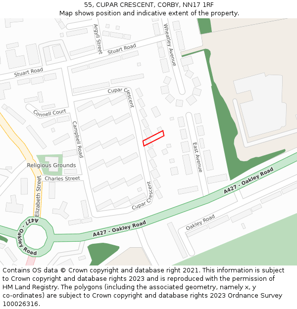 55, CUPAR CRESCENT, CORBY, NN17 1RF: Location map and indicative extent of plot